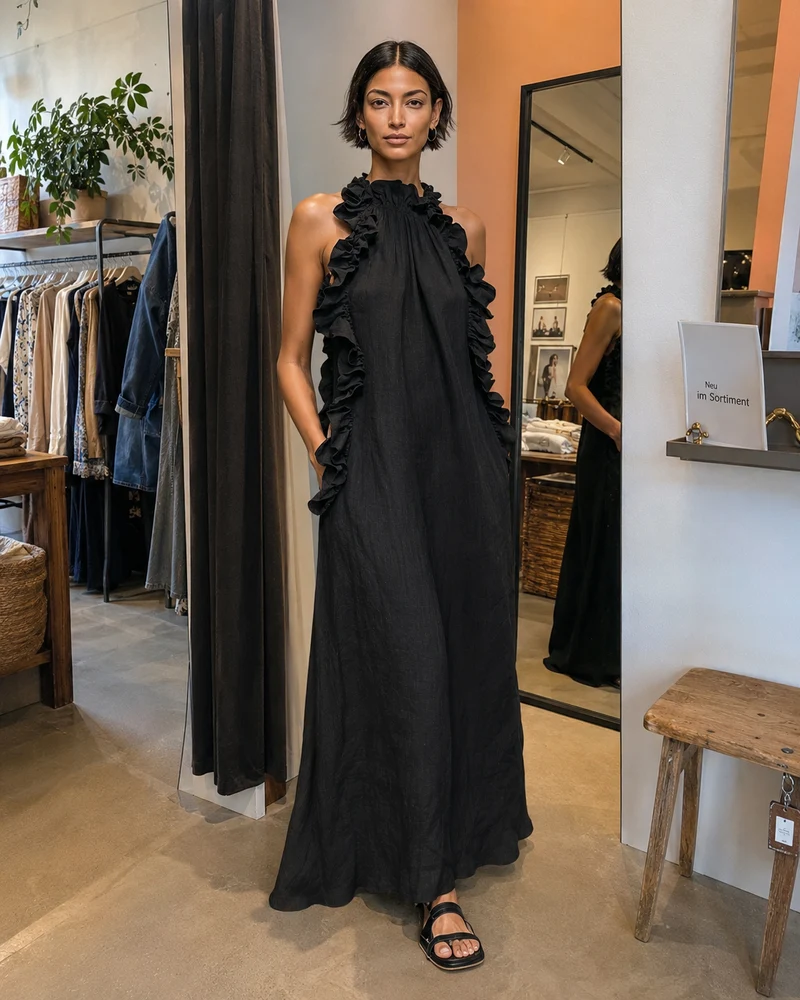 Felene | Ärmelloses Leinen-Maxikleid mit Rüschen