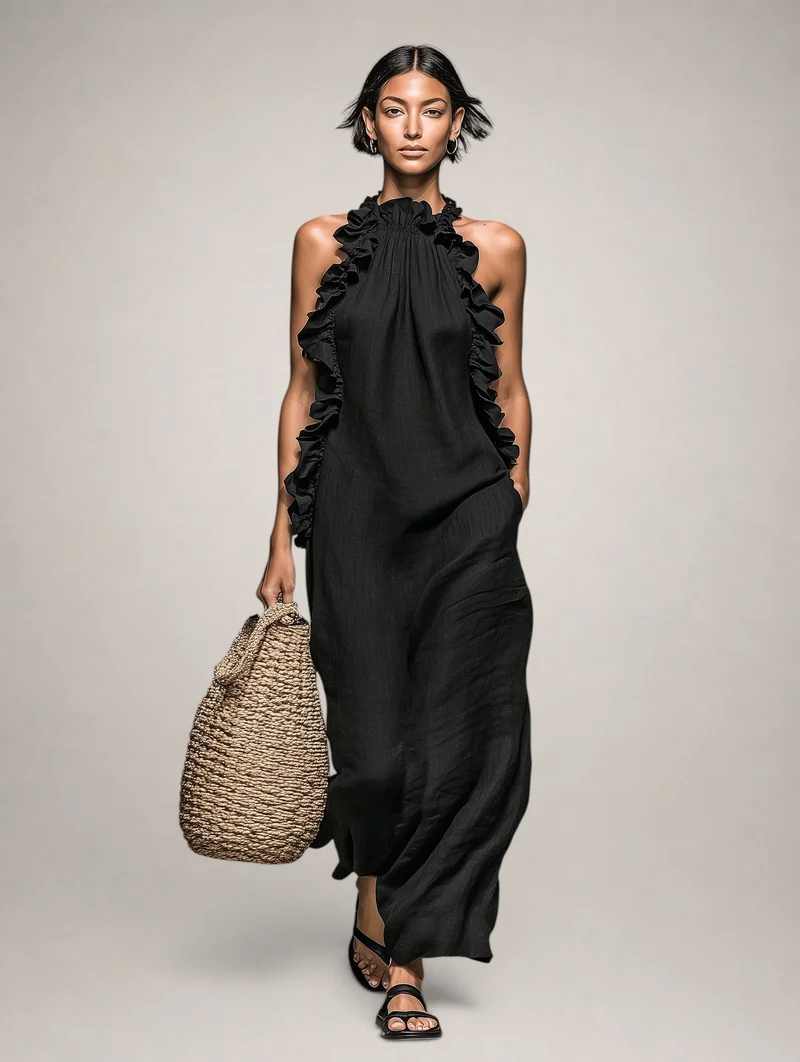 Felene | Ärmelloses Leinen-Maxikleid mit Rüschen