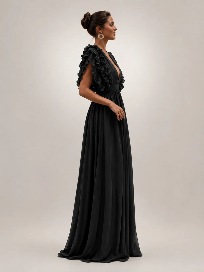Angelina | Rückenfreies Maxikleid mit Volantärmeln