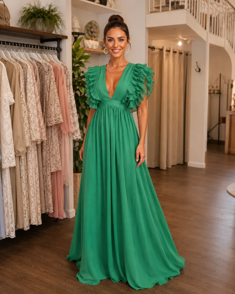 Angelina | Rückenfreies Maxikleid mit Volantärmeln