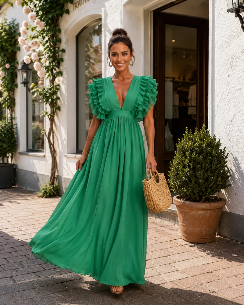Angelina | Rückenfreies Maxikleid mit Volantärmeln