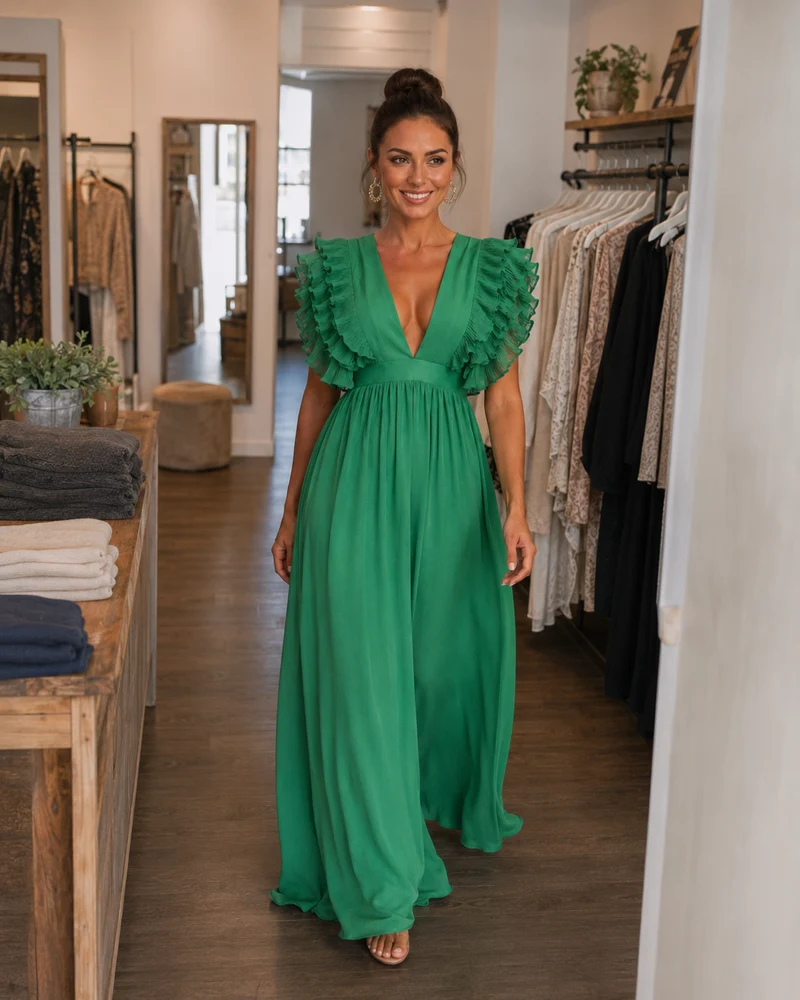 Angelina | Rückenfreies Maxikleid mit Volantärmeln