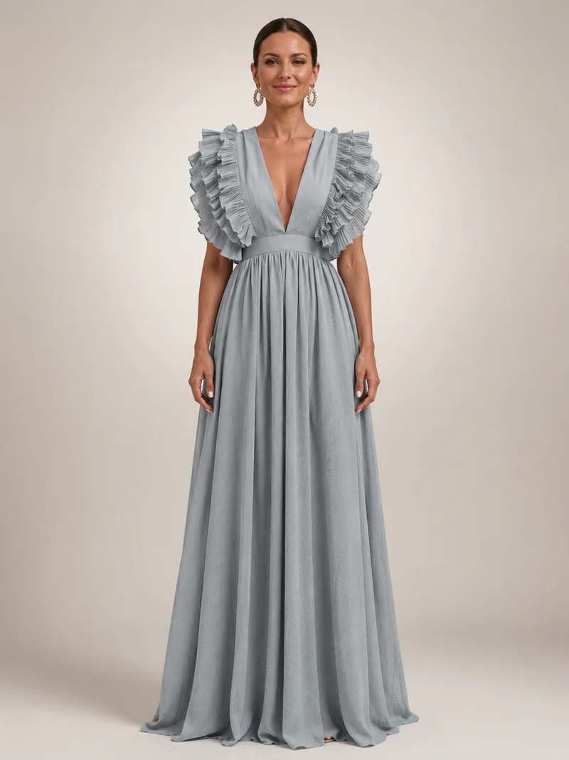 Angelina | Rückenfreies Maxikleid mit Volantärmeln