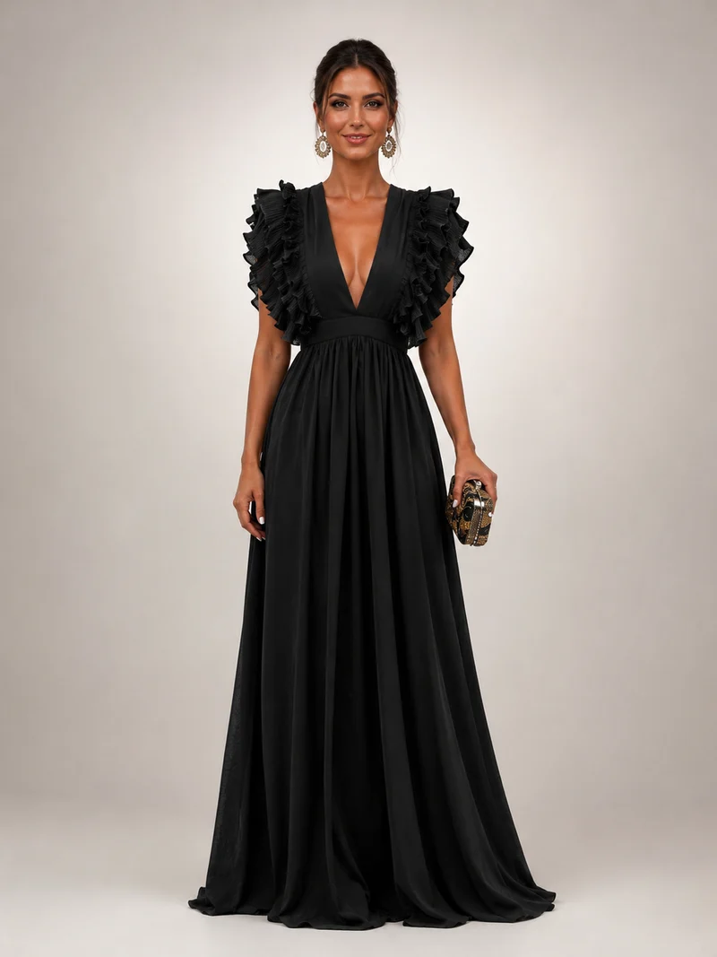 Angelina | Rückenfreies Maxikleid mit Volantärmeln