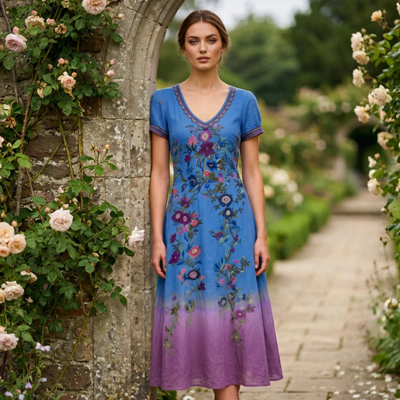 Lelean | Vintage-Maxikleid mit Farbverlauf und V-Ausschnitt