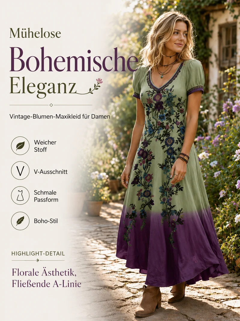 Lelean | Vintage-Maxikleid mit Farbverlauf und V-Ausschnitt