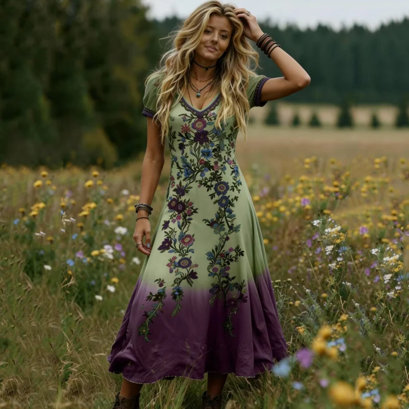 Lelean | Vintage-Maxikleid mit Farbverlauf und V-Ausschnitt