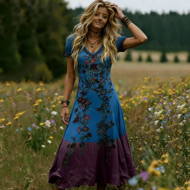 Lelean | Vintage-Maxikleid mit Farbverlauf und V-Ausschnitt