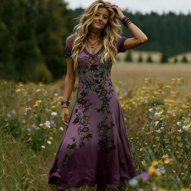 Lelean | Vintage-Maxikleid mit Farbverlauf und V-Ausschnitt