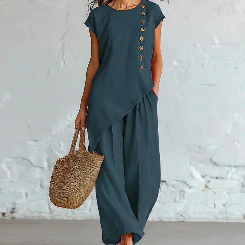 Quciana | Knitterarmes Freizeitset mit asymmetrischem Top
