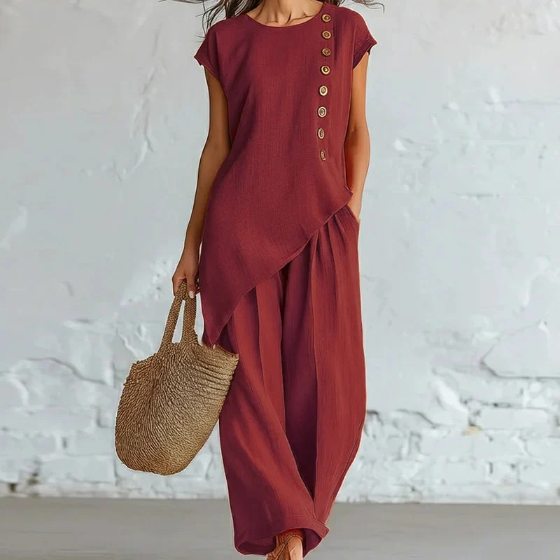 Quciana | Knitterarmes Freizeitset mit asymmetrischem Top