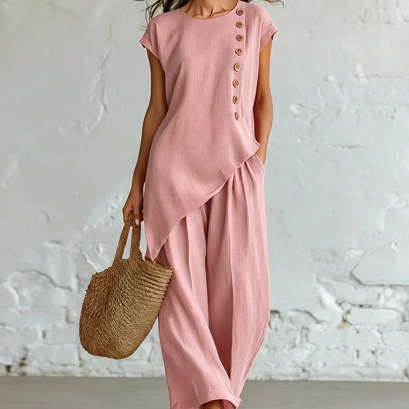 Quciana | Knitterarmes Freizeitset mit asymmetrischem Top