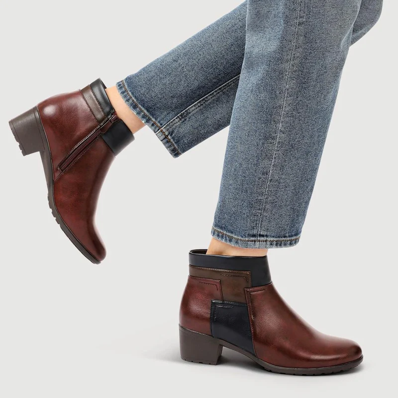 Block Heel Ankle Boots With Inside Zip - WK42005 / 327 940 - Burgundy Multi