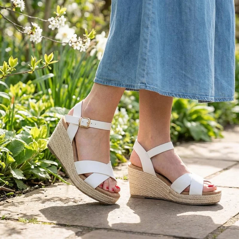 Wide Fit Espadrille Wedge Sandals - WBINS37095W / 329 258 - White