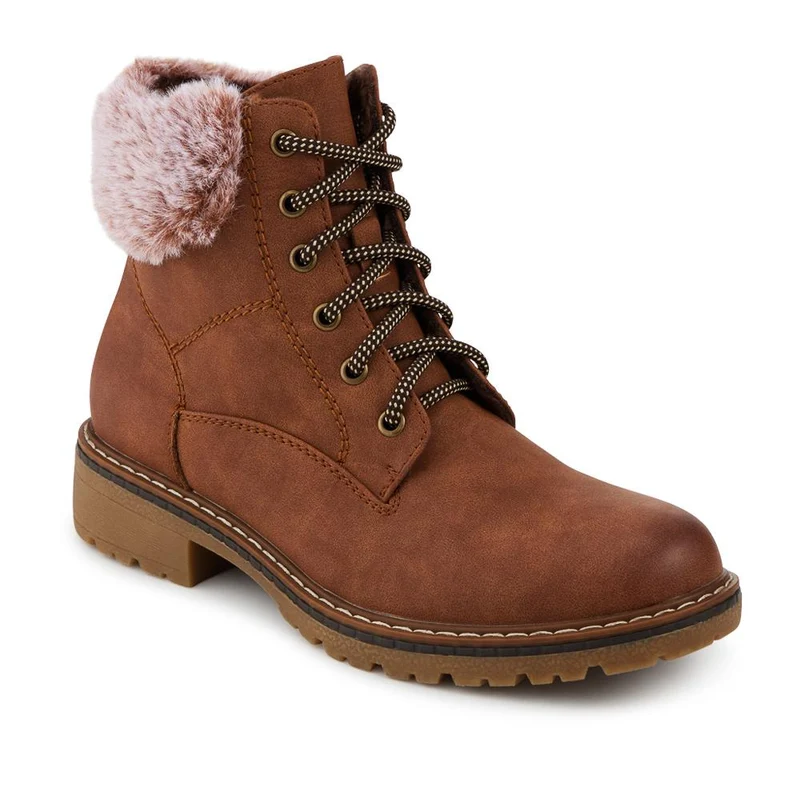 Faux Fur Cuff Lace Up Ankle Boots - WBINS42033 / 328 109 - Tan