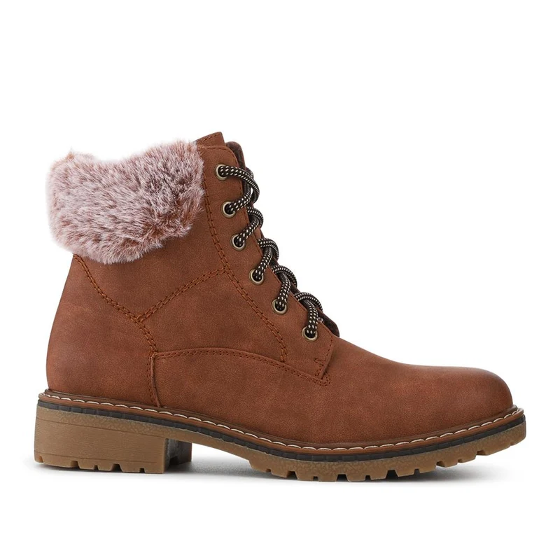 Faux Fur Cuff Lace Up Ankle Boots - WBINS42033 / 328 109 - Tan