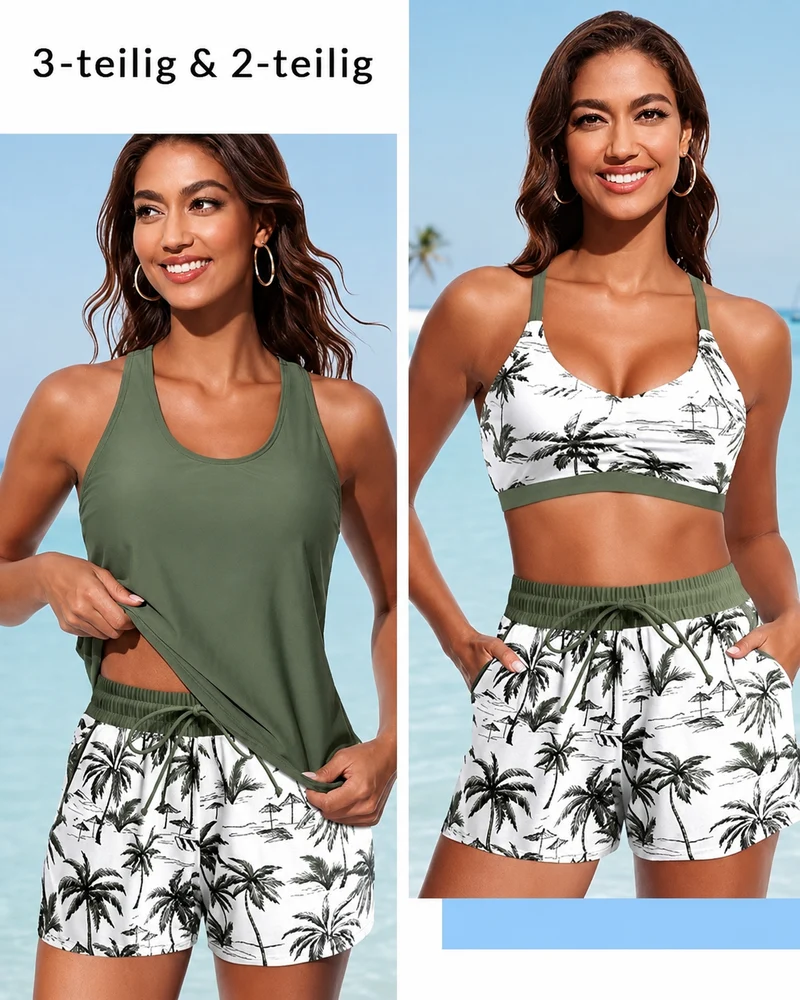 Désirée | Dreiteiliges Damen-Tankini mit Palmenprint