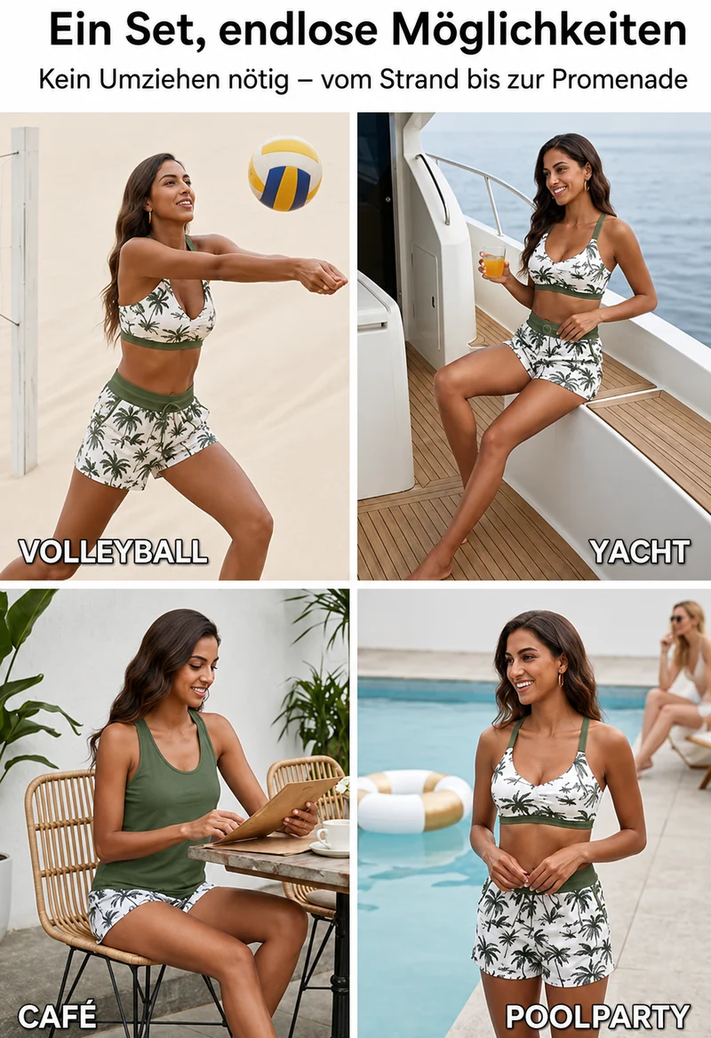 Désirée | Dreiteiliges Damen-Tankini mit Palmenprint