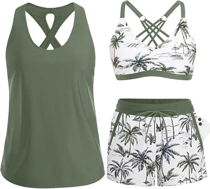 Désirée | Dreiteiliges Damen-Tankini mit Palmenprint
