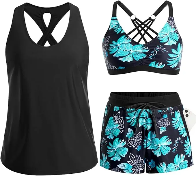 Désirée | Dreiteiliges Damen-Tankini mit Palmenprint