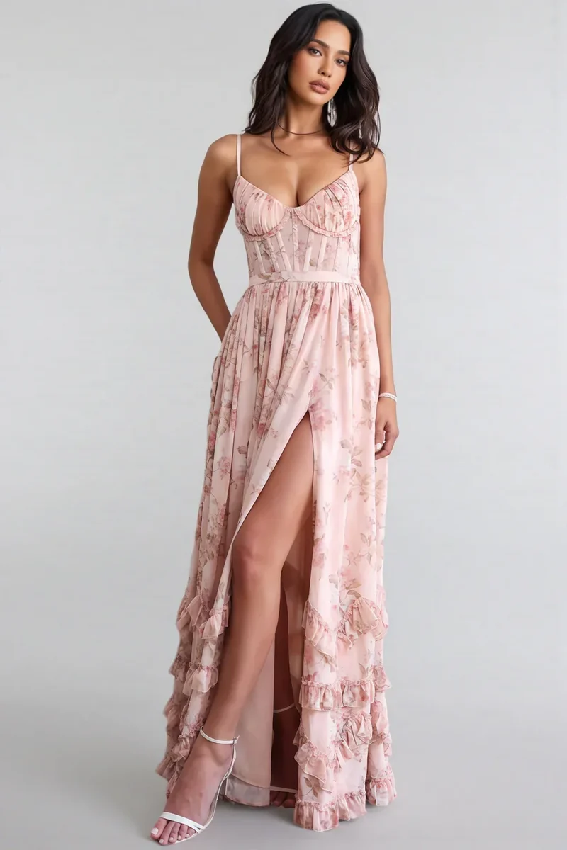 Cäcilie | Maxikleid mit Spaghettiträgern und Volantsaum