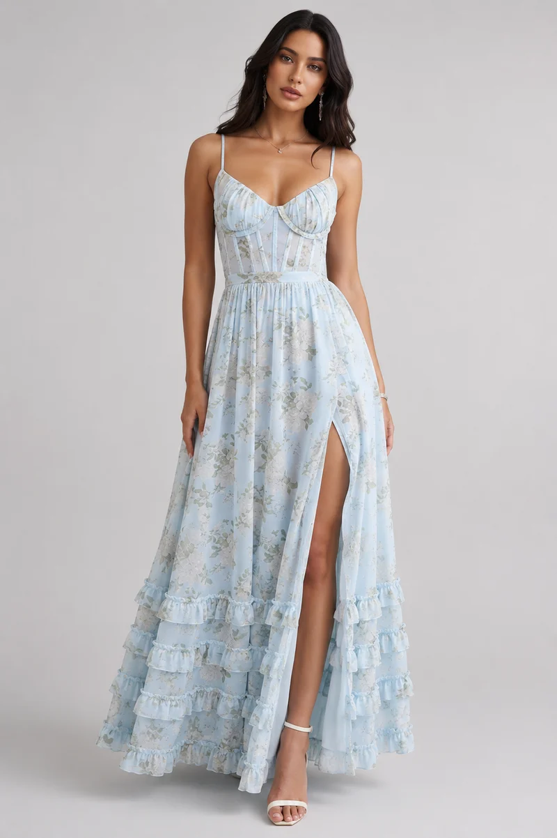 Cäcilie | Maxikleid mit Spaghettiträgern und Volantsaum