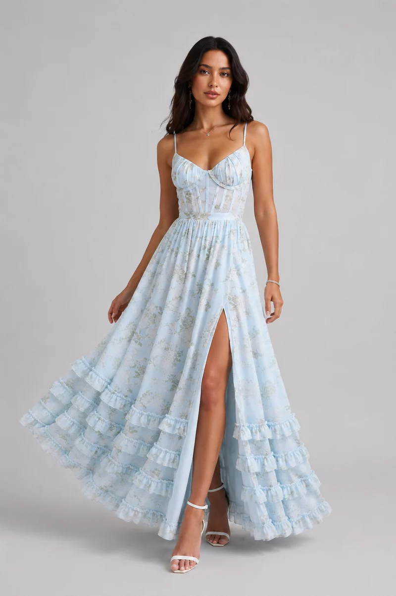 Cäcilie | Maxikleid mit Spaghettiträgern und Volantsaum