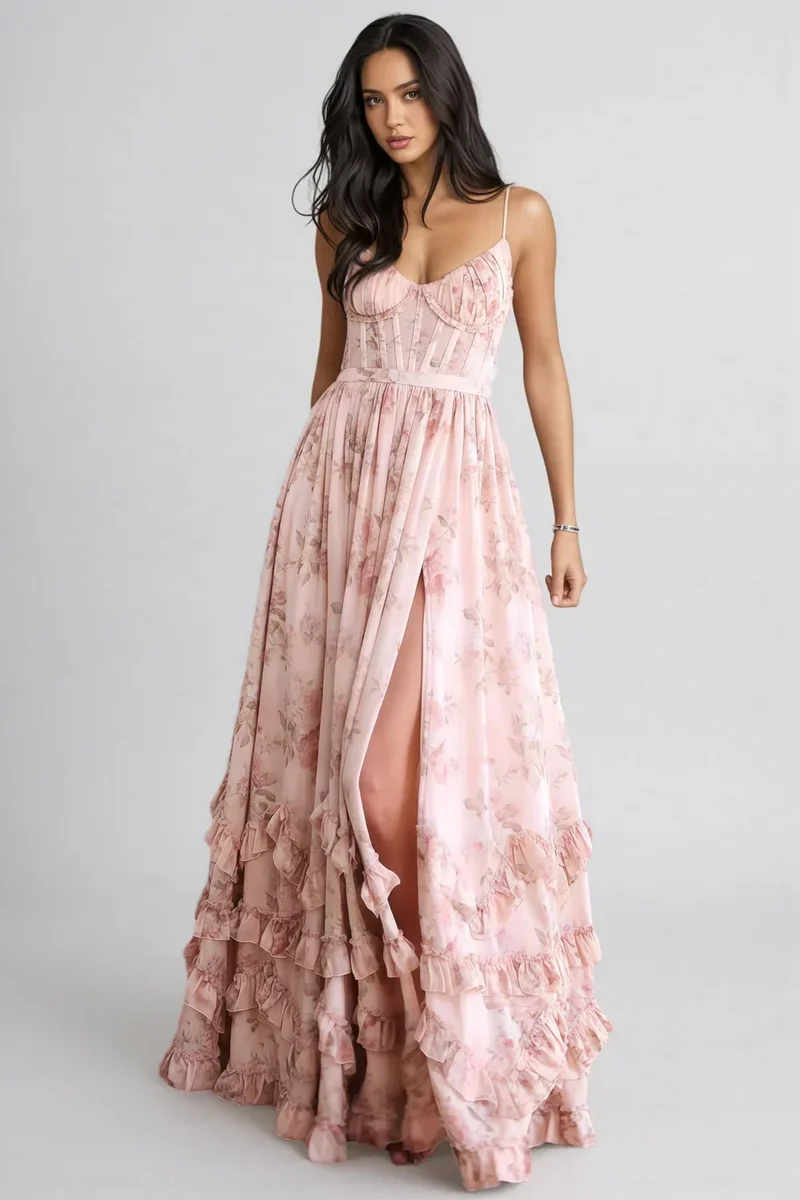 Cäcilie | Maxikleid mit Spaghettiträgern und Volantsaum