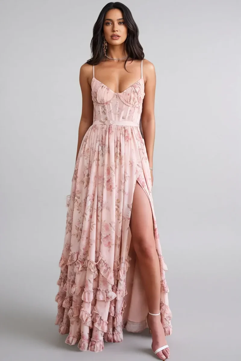 Cäcilie | Maxikleid mit Spaghettiträgern und Volantsaum