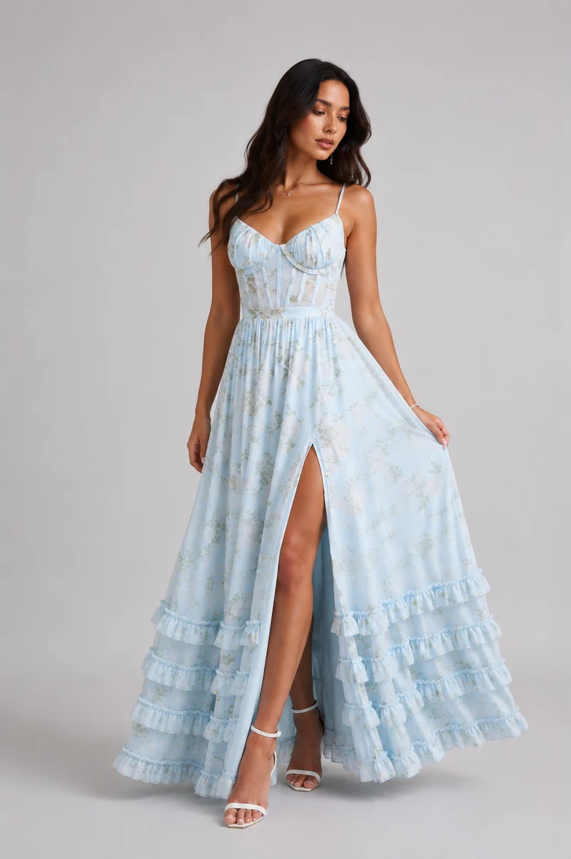 Cäcilie | Maxikleid mit Spaghettiträgern und Volantsaum