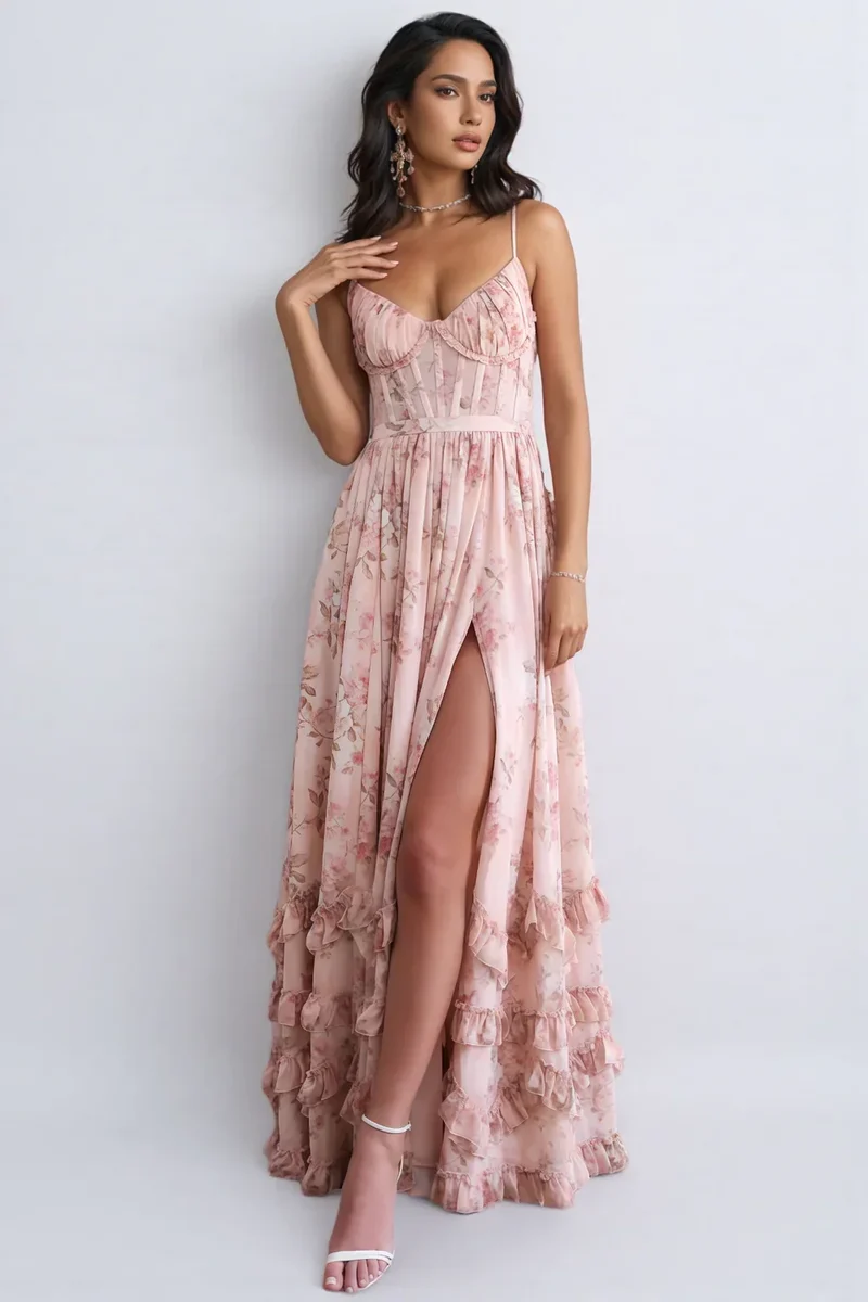Cäcilie | Maxikleid mit Spaghettiträgern und Volantsaum