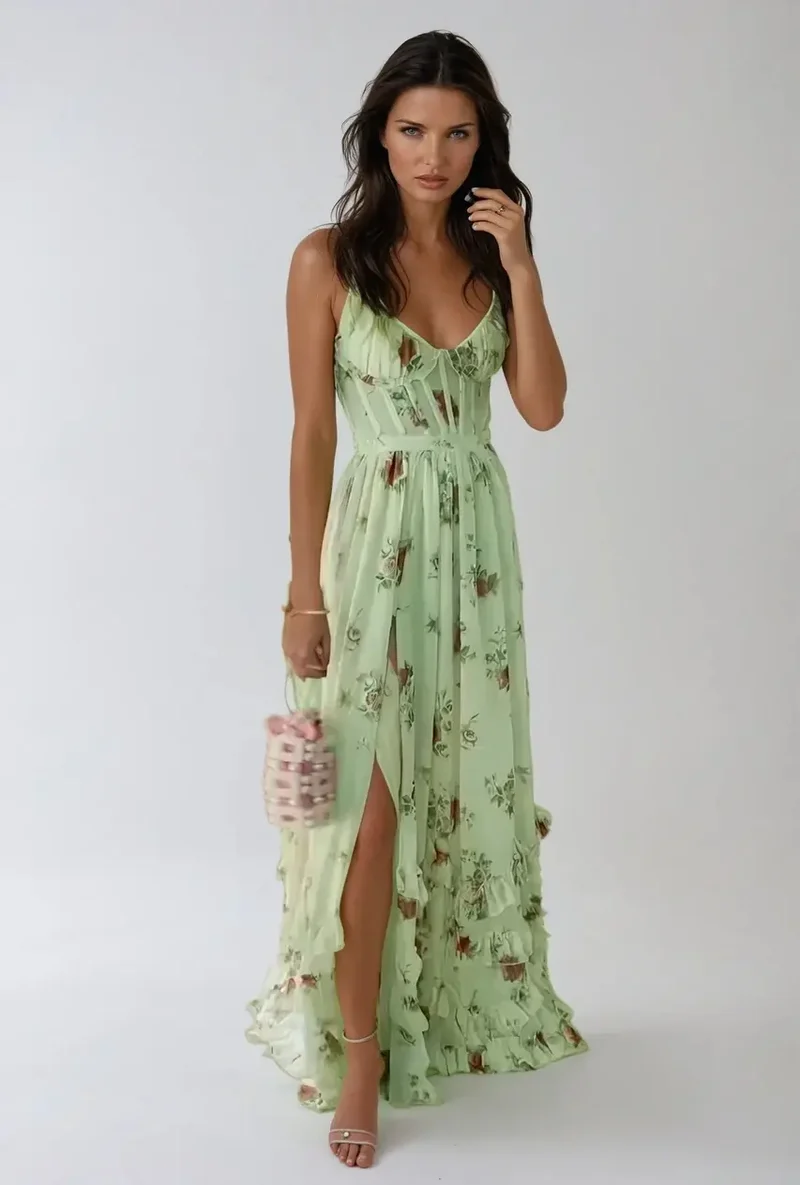Cäcilie | Maxikleid mit Spaghettiträgern und Volantsaum