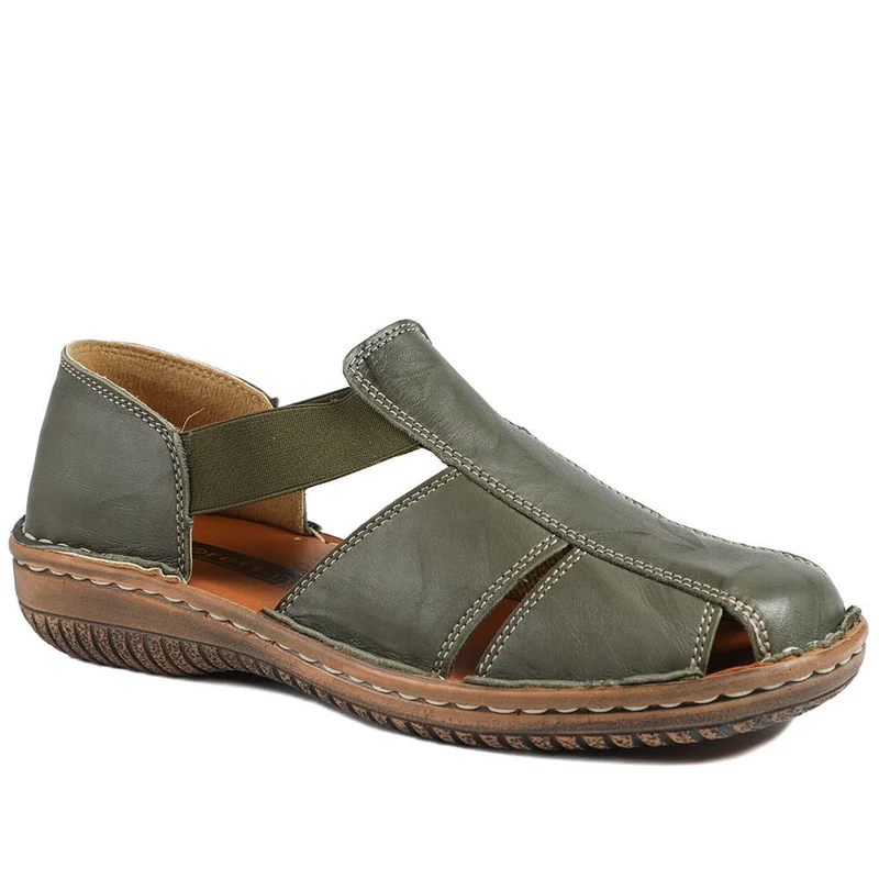 Loretta Leather Elasticated Slip On Shoes - HAK43001 / 329 375 - Khaki