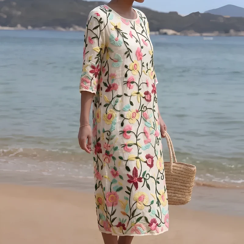 Geneviel | Besticktes Damenkleid mit 3/4-Ärmeln