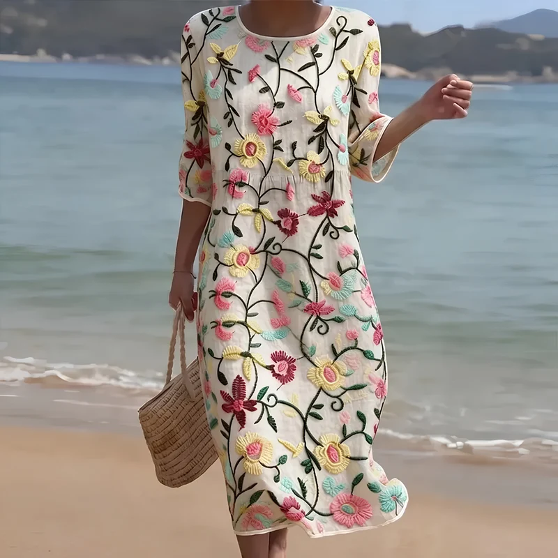 Geneviel | Besticktes Damenkleid mit 3/4-Ärmeln