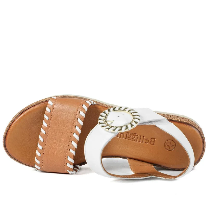 Leather Buckle Fasten Wedge Sandals - BELMETIN43015 / 329 289 - White-Tan