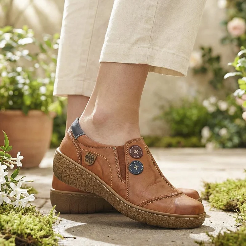 Elasticated Leather Slip-On Shoes - HAK41008 / 327 435 - Tan