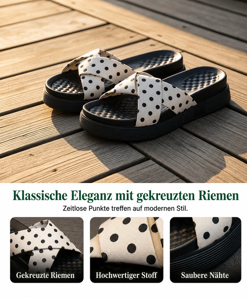 Chanelie | Pantoletten mit gekreuzten Riemen und Punkten
