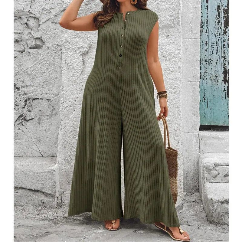 Junlia | Ärmelloser Ripp-Jumpsuit mit weitem Bein und Taschen