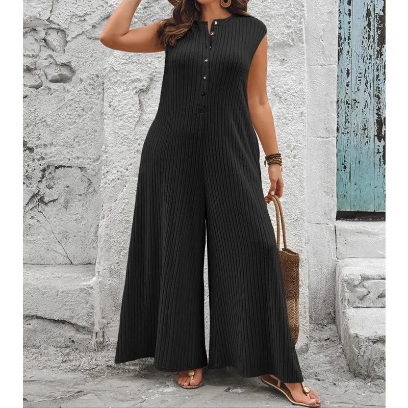 Junlia | Ärmelloser Ripp-Jumpsuit mit weitem Bein und Taschen