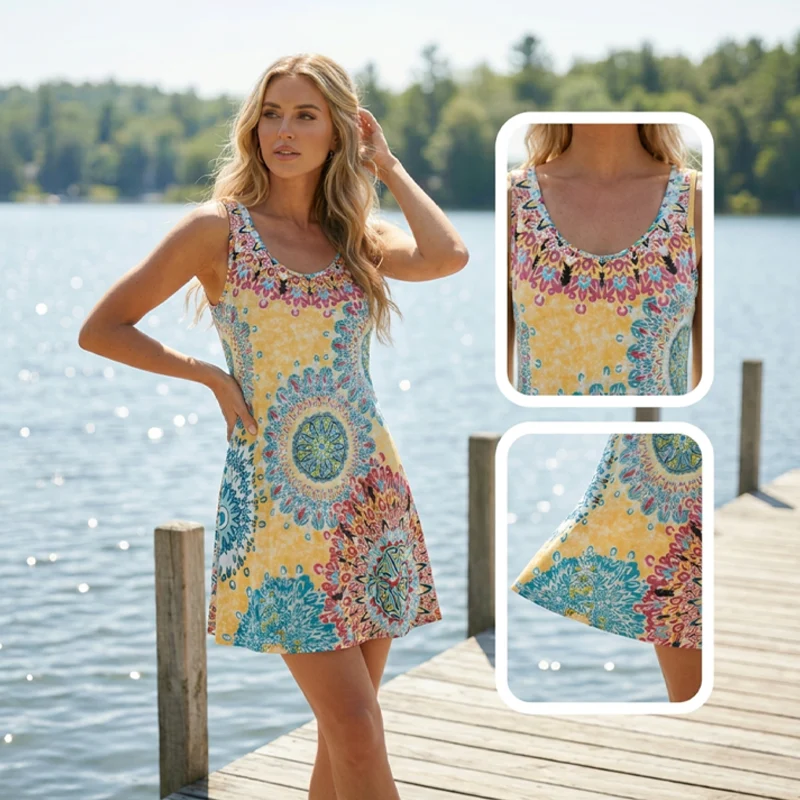 Yessia | Ärmelloses A-Linien-Kleid mit buntem Print