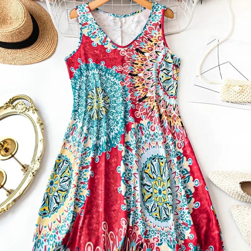 Yessia | Ärmelloses A-Linien-Kleid mit buntem Print