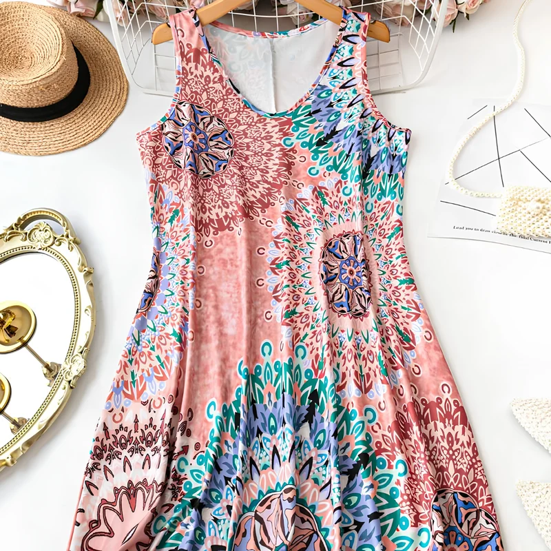 Yessia | Ärmelloses A-Linien-Kleid mit buntem Print