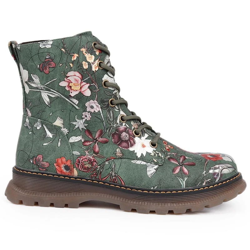 Lace-Up Floral Boots - PINYI40011 / 326 033 - Green Floral