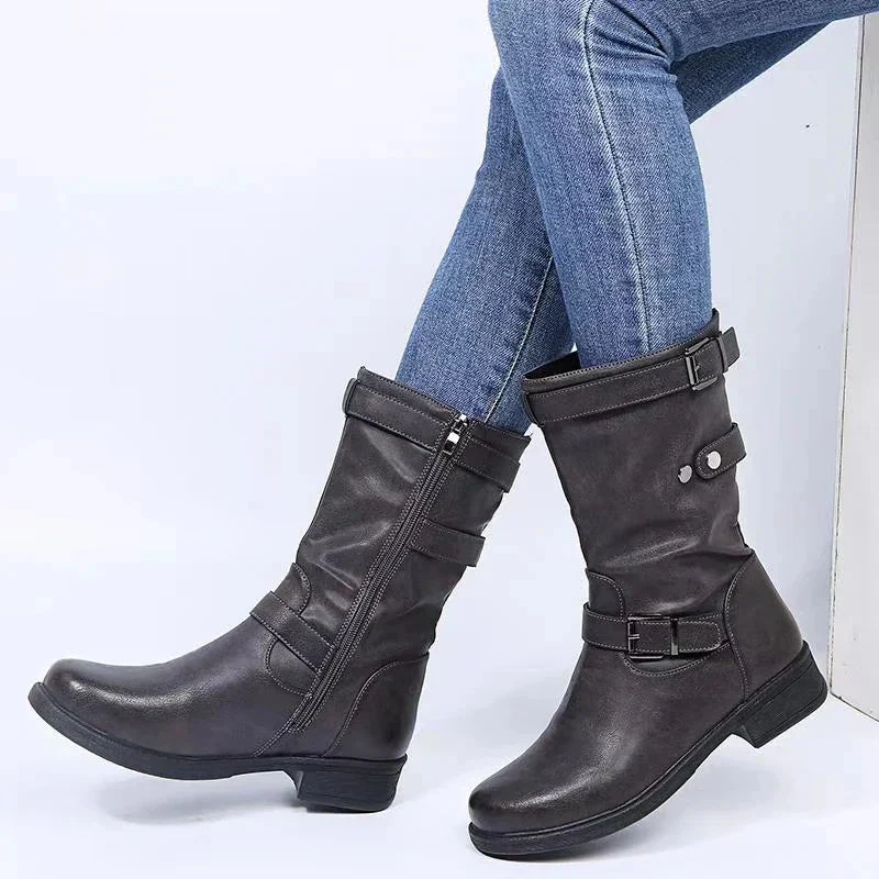 Stiefel Damen im Bikerstil mit Schnallen