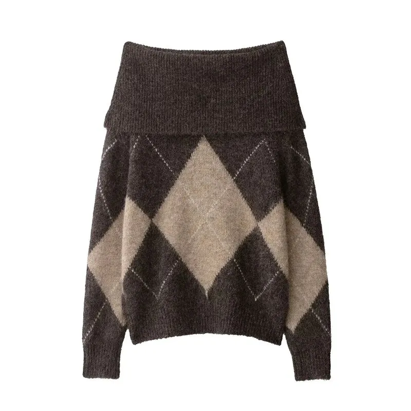Strickpullover Damen Off Shoulder mit Argyle-Muster