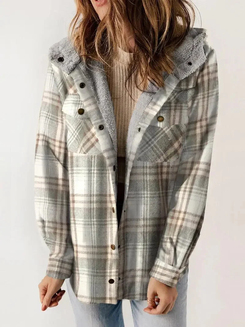 Übergangsjacke Damen Karomuster Mit Kapuze