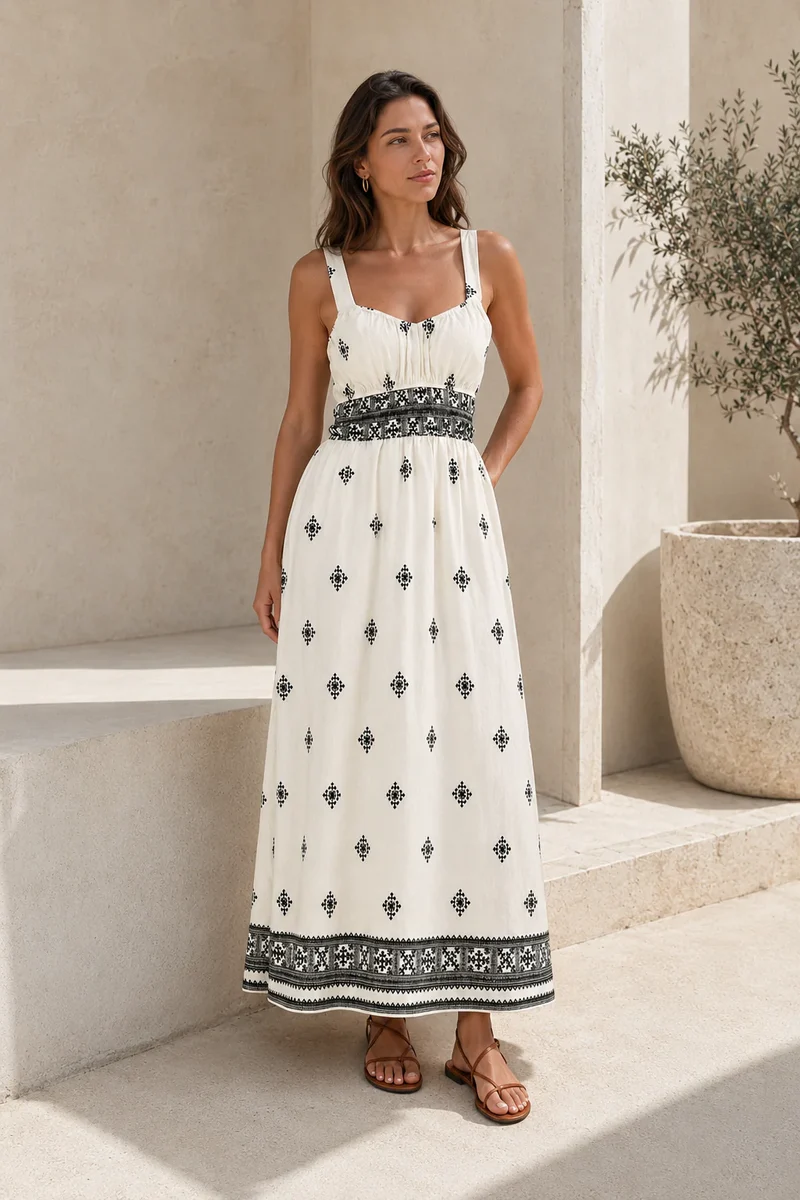 Asedia | Ärmelloses Maxikleid mit gesmokter Taille