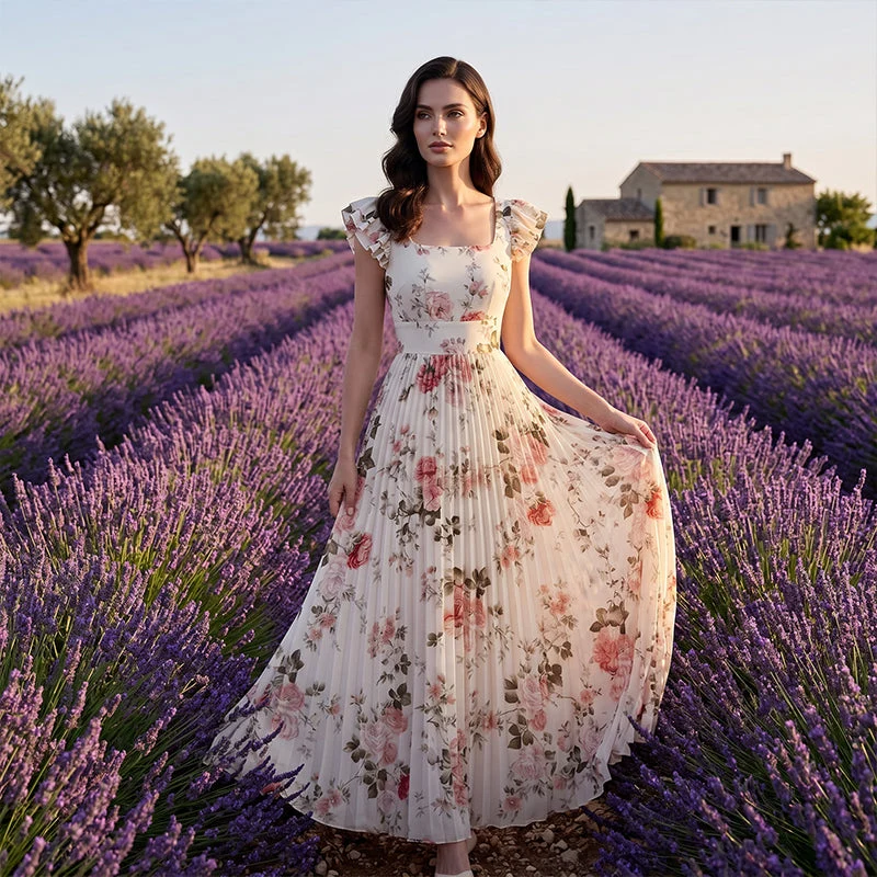 Elvinna | Florales Maxikleid mit Plisseerüschen