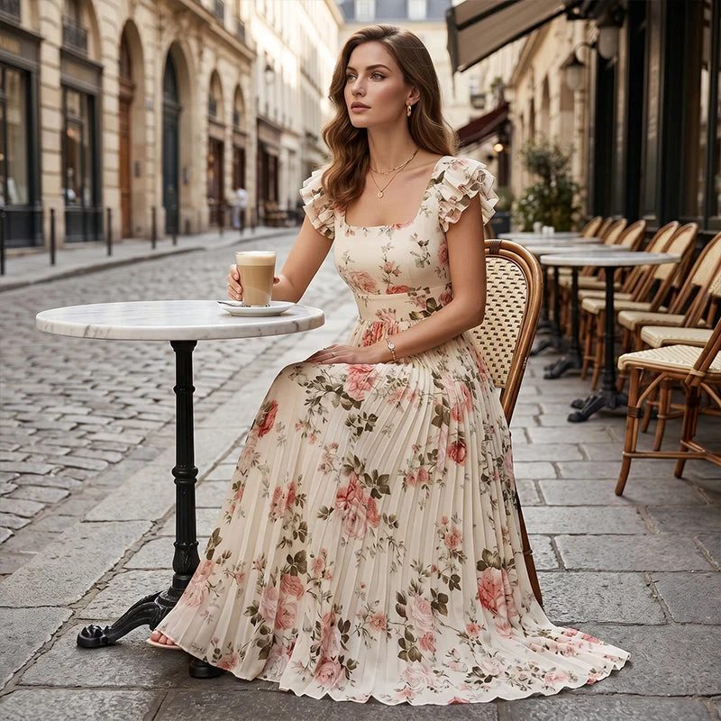 Elvinna | Florales Maxikleid mit Plisseerüschen